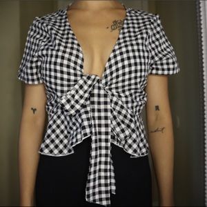 Plaid peplum tie front top